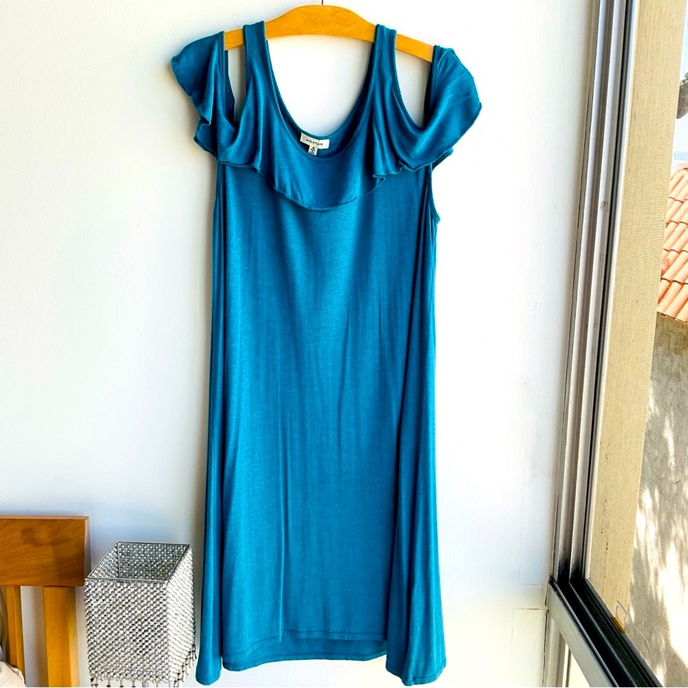 NWOT Max Studio Blue Cold Shoulder Flutter Sleeve Ruffled Midi Dress